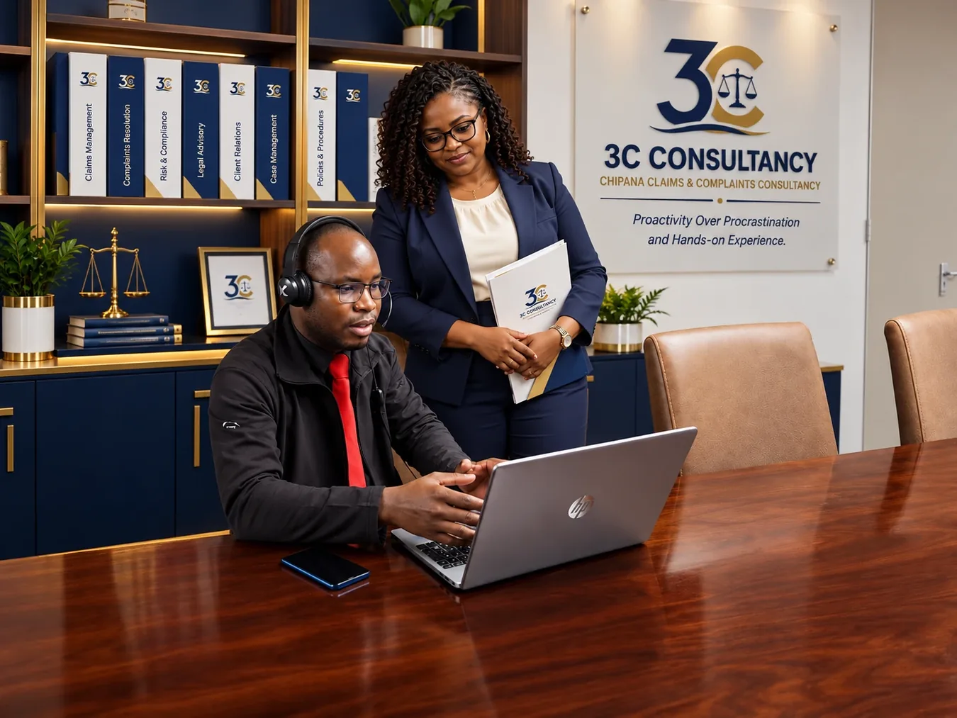 3C Consultancy workspace with consultants reviewing matters at a laptop